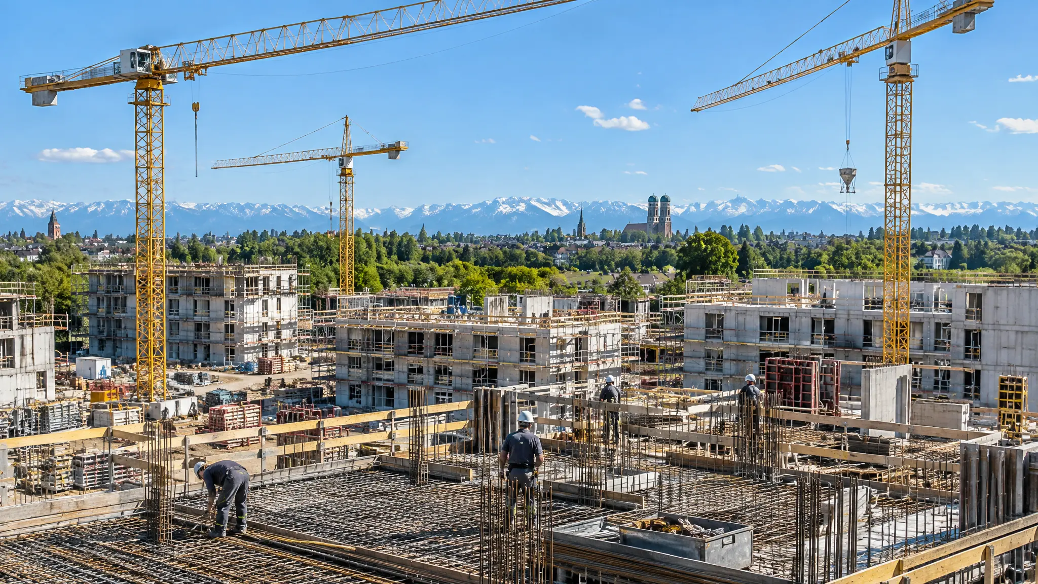 Großbaustelle am Stadtrand von München mit Kränen und Alpenblick