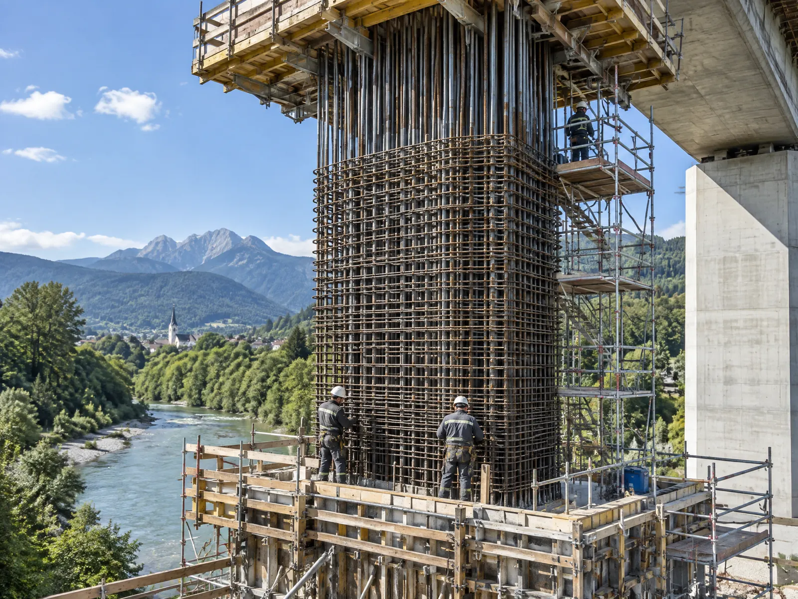 Bewehrungskorb eines Brückenpfeilers mit Gerüst in einem bayerischen Flusstal