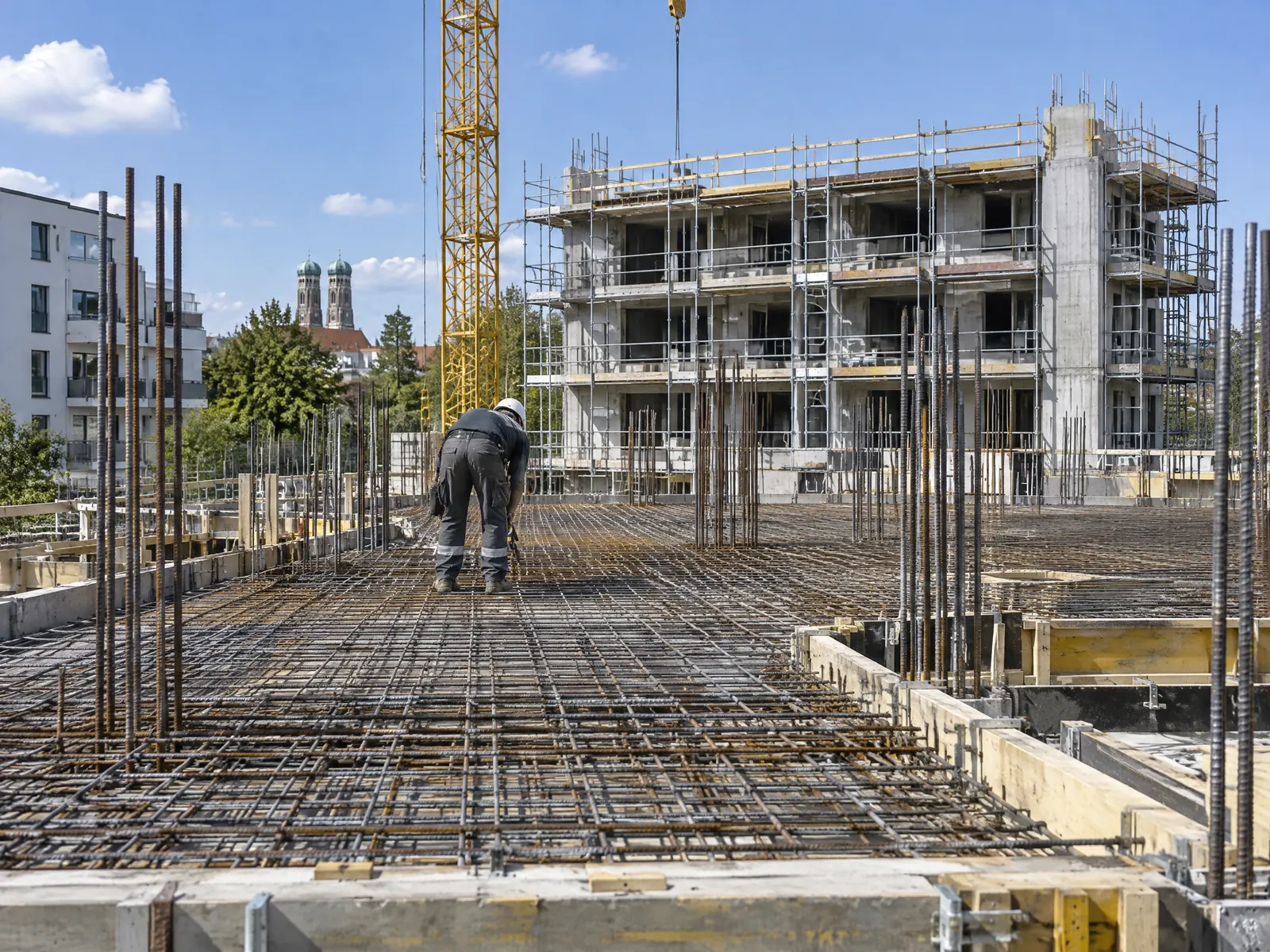 Bewehrung einer Geschossdecke im Hochbau in München, Eisenflechter bei der Arbeit