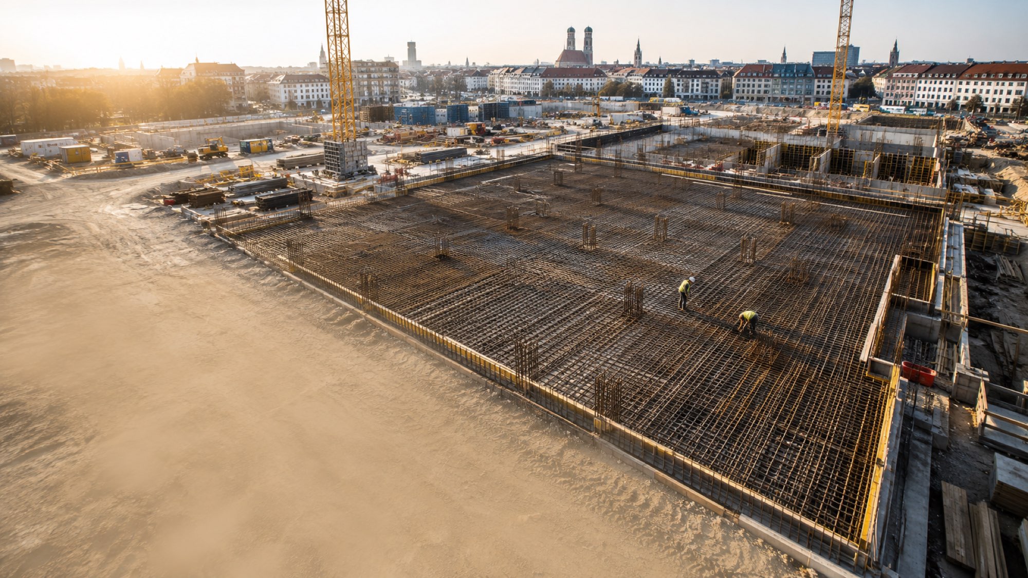 Eisenflechter bei der Bewehrungsverlegung auf einer Großbaustelle im Großraum München